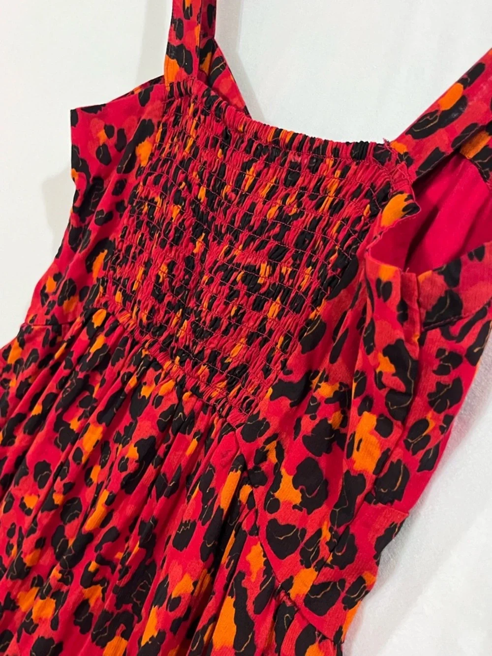 Alya Red Leopard Print Midi Dress Size Small Button Front Smocked Boho Summer - Picture 8 of 13